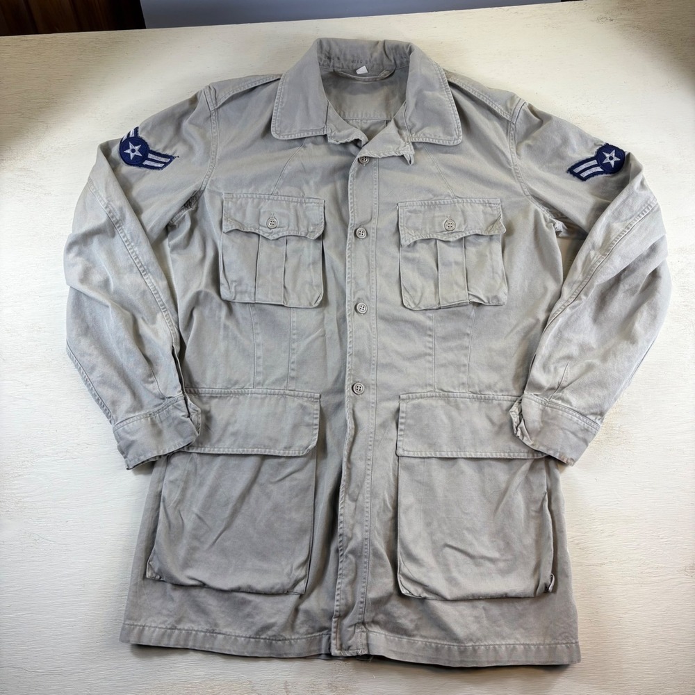 VTG Large US Air Force Field Jacket Tan Khaki Military Utility Coat Patches